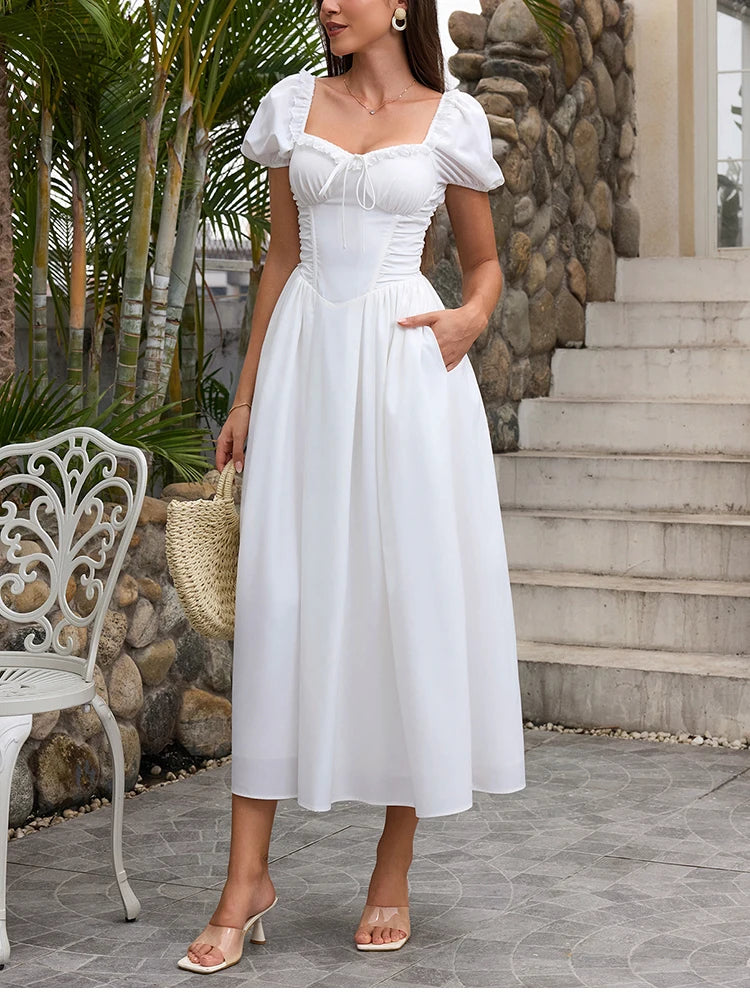 NewAsia Women's White Puff Sleeve Midi Dress Lace Trim A-Line Backless Tie Pockets Elegant Wedding Guest Vacation Long Dresses