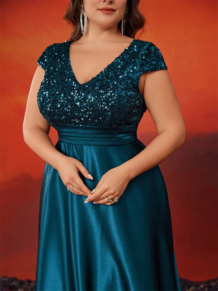 Plus Size Elegant V-Neck Green Sequin Evening Dress Long Luxury Women Satin Short Sleeves Party Prom Cocktail  Dress