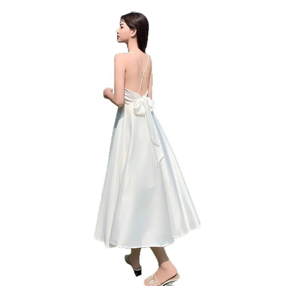 Sanya Travel Backless Strap Dress Beach Vacation White Fairy Skirt Slimming Summer Polyester Midi Skirt Sweet Style Freshness