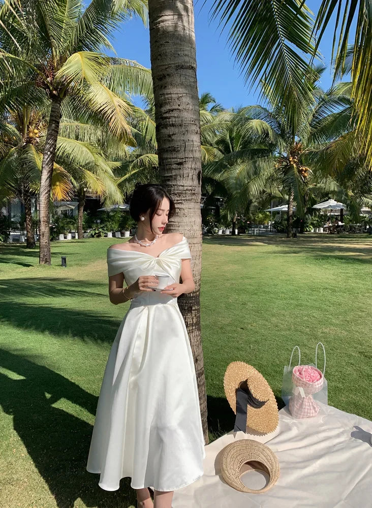 French Satin Off-Shoulder Dress Summer White Elegant Formal Evening Dress Dress Korean Wedding Banquet Dress Y2k Women Clothing