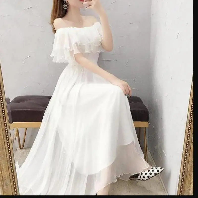 Women's Summer Beach Style Chiffon White Long Dress Lady Graceful Fairy Layers Ruffles Off-Shoulder Dresses Evening Party Gown