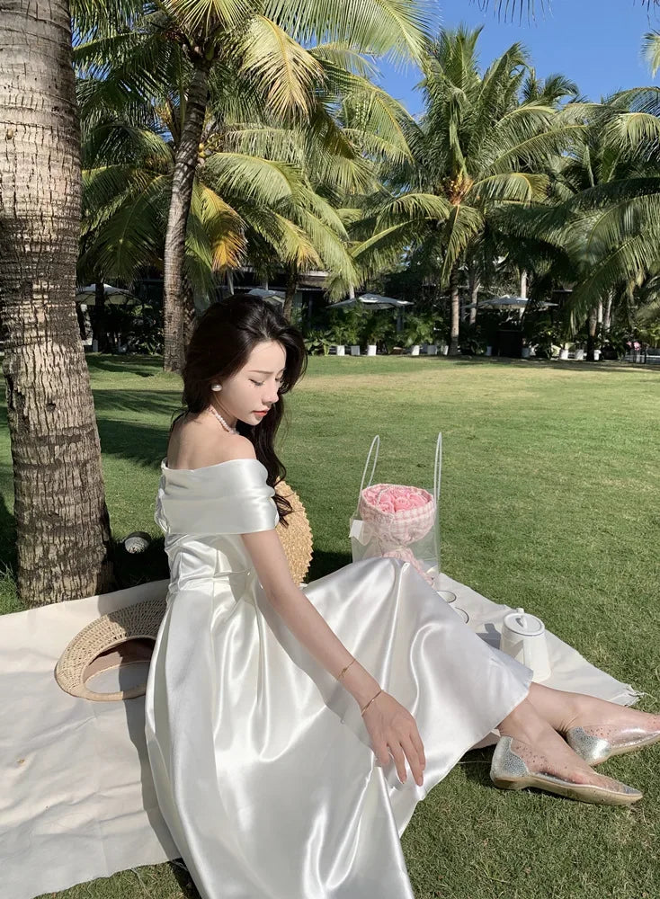 French Satin Off-Shoulder Dress Summer White Elegant Formal Evening Dress Dress Korean Wedding Banquet Dress Y2k Women Clothing