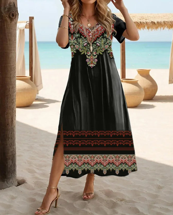 Ethnic Bohemian floral print casual vacation short-sleeved large-size dress