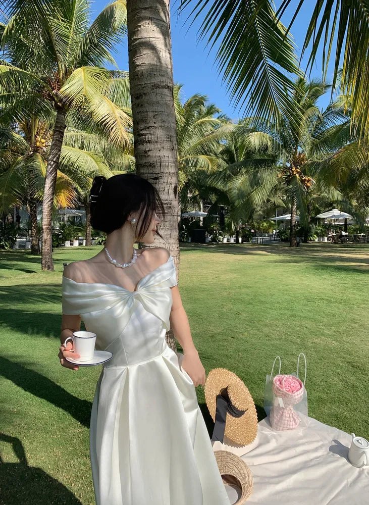 French Satin Off-Shoulder Dress Summer White Elegant Formal Evening Dress Dress Korean Wedding Banquet Dress Y2k Women Clothing