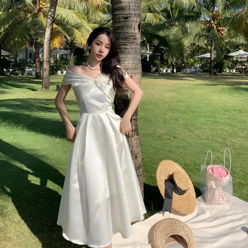 French Satin Off-Shoulder Dress Summer White Elegant Formal Evening Dress Dress Korean Wedding Banquet Dress Y2k Women Clothing