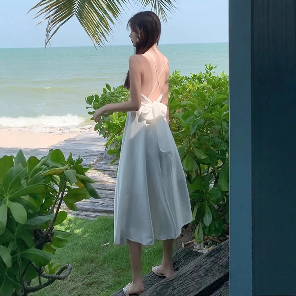 Sanya Travel Backless Strap Dress Beach Vacation White Fairy Skirt Slimming Summer Polyester Midi Skirt Sweet Style Freshness