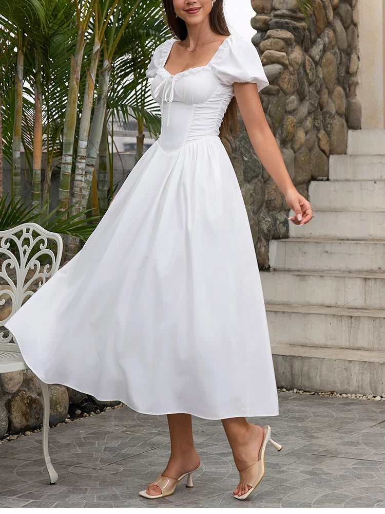 NewAsia Women's White Puff Sleeve Midi Dress Lace Trim A-Line Backless Tie Pockets Elegant Wedding Guest Vacation Long Dresses