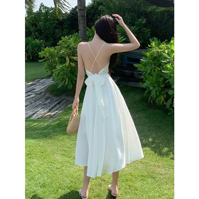 Sanya Travel Backless Strap Dress Beach Vacation White Fairy Skirt Slimming Summer Polyester Midi Skirt Sweet Style Freshness