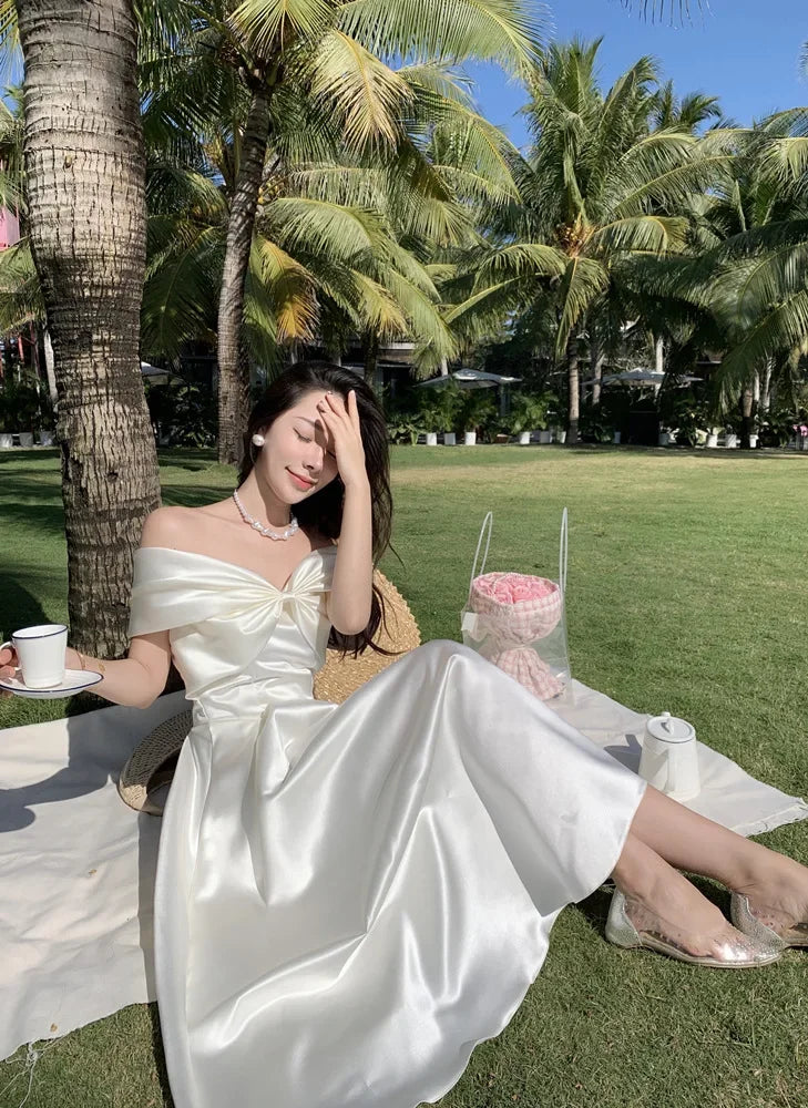 French Satin Off-Shoulder Dress Summer White Elegant Formal Evening Dress Dress Korean Wedding Banquet Dress Y2k Women Clothing